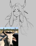 2022 animal_humanoid bovid bovid_humanoid bovine bovine_humanoid cattle_humanoid ear_piercing ear_ring ears_down eyelashes female grey_background grin hi_res horn humanoid mammal mammal_humanoid piercing pivoted_ears reference_image ring_piercing short_eyebrows simple_background smile solo ushiji