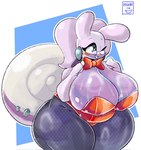 antenna_hair anthro big_breasts big_butt blush bow_tie breasts bunny_costume butt cleavage clothed clothing costume eyewear female fishnet_clothing fishnet_legwear gastropod_shell generation_8_pokemon glasses gloria_(sneavile) hair hi_res hisuian_form hisuian_goodra huge_breasts huge_thighs legwear mature_female mollusk_shell moonix_xero multicolored_body nintendo one_eye_closed overweight pokemon pokemon_(species) purple_body regional_form_(pokemon) shell skimpy slime solo thick_thighs two_tone_body wide_hips wink