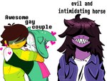 absurd_res anthro bovid caprine clothing deltarune duo english_text eyeless eyewear fangs female fur glasses goat group hair hair_over_eyes happy hat headgear headwear hearts_around_head hi_res horn hug human kris_(deltarune) male male/male mammal meme mur_mryaka purple_body ralsei reptile robe scalie scarf shadow shadow_face shirt solo susie_(deltarune) sweater t-shirt teeth text topwear torn_clothing trio undertale_(series) white_body white_fur wizard_hat yellow_body