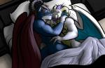 anthro anthro_on_anthro beard bed bgn brown_hair canid canine canis cuddling demon detailed_background dragon duo eyes_closed facial_hair furniture hair hi_res horn hybrid inside jacob_(disambiguation) kaidron male male/male mammal muscular muscular_male mythological_creature mythological_scalie mythology on_bed pillow purple_hair romantic romantic_couple scalie sleeping wings wolf