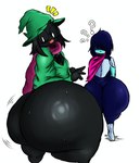 anothercat anthro armor big_butt black_body blue_body blue_hair blue_skin bodily_fluids bovid butt cape caprine clothing covered_eyes deltarune duo eyewear glasses goat hair hat headgear headwear hi_res huge_butt human kris_(deltarune) male male/male mammal ralsei scarf shirt sweat sweaty_butt topwear undertale_(series) wide_hips witch_hat