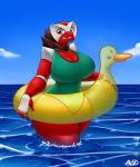 2016 animal_pool_toy animal_swim_ring anthro averyshadydolphin big_breasts big_butt breasts butt calamity_(averyshadydolphin) cleavage clothed clothing cloud day dragon female green_clothing green_swimwear hi_res in_swim_ring inanimate_object inflatable inner_tube legs_in_water mythological_creature mythological_scalie mythology nervous non-mammal_breasts one-piece_swimsuit outside partially_submerged pool_toy red_eyes scalie sea sky solo submerged_legs swim_ring swimwear thick_thighs walking walking_in_water water wide_hips