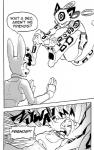 anthro breasts cheetah cleavage clothed clothing collar comic daigaijin dialogue duo ear_piercing ear_ring english_text felid feline female furryfight_chronicles hi_res lagomorph leotard leporid mammal monochrome muko nyarai_(furryfight_chronicles) piercing rabbit ring_piercing text under_boob wrestling