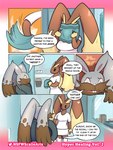 3:4 anthro breasts brown_body brown_fur clothed clothing comic dialogue diggersby digital_media_(artwork) duo english_text eyes_closed female fur generation_4_pokemon generation_6_pokemon goopyarts hi_res lagomorph lopunny male mammal nintendo pokemon pokemon_(species) simple_background teeth text towel