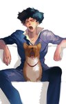 canid canine canis cowboy_bebop domestic_dog ein_(cowboy_bebop) eyes_closed hair herding_dog hi_res human male mammal messy_hair open_mouth pastoral_dog shadow sitting spike_spiegel spread_legs spreading unknown_artist welsh_corgi