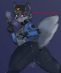 absurd_res anthro butt canid canine clothing english_text female fox gun hat headgear headwear hi_res kingdoujin mammal profanity ranged_weapon red_eyes solo text weapon wet