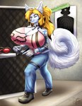 2017 anthro big_breasts black_nose blonde_hair blue_bottomwear blue_clothing blue_eyes blue_pants bottomwear breasts canid clothed clothing curled_tail dated ear_piercing ear_ring female footwear full-length_portrait fur glistening glistening_eyes grey_clothing grey_footwear grey_shoes gun hair hi_res holding_gun holding_object holding_ranged_weapon holding_weapon huge_breasts hyper hyper_breasts inner_ear_fluff lacy_(leumas_setay) mammal mouth_closed narrowed_eyes pants piercing pink_clothing pink_topwear portrait ranged_weapon ring_piercing shoes shooting_range signature solo standing tail tiggybloom topwear tuft weapon white_body white_fur white_inner_ear_fluff white_tail