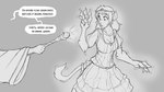 16:9 2022 anthro digital_drawing_(artwork) digital_media_(artwork) ear_piercing english_text felid female greyscale human human_to_anthro lion magic_user mammal mid_transformation monochrome pantherine piercing princess royalty solo species_transformation speech_bubble text transformation wand watsup widescreen