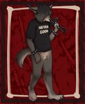 anthro bottomless bracelet canid canine canis clothed clothing coyote english_text featureless_crotch flesh_tunnel gun hi_res jewelry male mammal necr0manla ranged_weapon shirt shirt_only solo spiked_bracelet spikes text text_on_clothing text_on_shirt text_on_topwear topwear topwear_only weapon