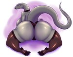 absurd_res anthro asian_water_monitor bedroom_eyes betty_the_monitor big_breasts big_butt black_betty_(meme) blue_eyes breasts butt camel_toe choker clothed clothing female grey_body hi_res huge_butt jewelry kneeling legwear lizard looking_back meme monitor_lizard narrowed_eyes necklace non-mammal_breasts pose reptile scalie seductive side_boob smile solo thick_thighs thigh_highs thong tibbs underwear yellow_sclera