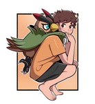 anthro bandai_namco barefoot beak blush bottomwear brown_body brown_feathers brown_hair claws clothing crouching digimon digimon_(species) digimon_survive duo falcomon falcomon_(survive) feathers feet fortremy green_eyes hair hi_res human male mammal minoru_hyuga shorts wings