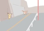 2018 ambiguous_gender brown_body duo eevee feral generation_1_pokemon get_it_go neck_tuft nintendo outside pikachu pokemon pokemon_(species) red_cheeks standing tuft walking yellow_body