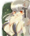 5:6 abstract_background anthro asahina_yasuyoshi big_breasts black_ribbon blush breasts domestic_ferret female fukuwan fur grey_body grey_fur grey_hair hair kemono long_hair low_res mammal mustelid musteline open_mouth red_eyes side_boob solo standing true_musteline under_boob weasel