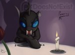 arthropod black_body blue_eyes candle changeling cutlery digital_media_(artwork) doesnotexist evening_breeze exoskeleton facial_scar feral fork friendship_is_magic hasbro hi_res hole_(anatomy) hooves kitchen_utensils knife male my_little_pony quadruped scar solo tools