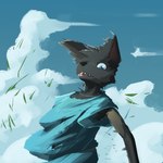 1:1 2024 anthro black_body black_fur blue_eyes canid canine canis clothing cloud dakka dakkawoof fangs fur hi_res looking_at_viewer male mammal shirt solo teeth topwear wind wolf young young_anthro