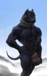 2018 4_fingers abs animal_genitalia anthro areola ball_fondling balls biceps big_balls black_body black_fur black_sclera black_skin butt canid canine canis claws collar collar_only cropped_ears digital_media_(artwork) domestic_dog fingers fondling front_view fully_sheathed fur genitals hi_res holding_balls looking_at_viewer male mammal manly mastiff molosser muscular muscular_anthro muscular_male muscular_thighs navel nipples nude pecs pit_bull portrait quads shaded sheath soft_shading solo spiked_collar spikes standing text thick_sheath thick_thighs three-quarter_portrait triceps url xdp_pragues_problem yellow_eyes zaush