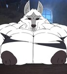 anthro big_muscles big_pecs black_nipples canid canine canis clothing death_(puss_in_boots) dreamworks fur grey_body grey_fur growth hi_res huge_muscles huge_pecs male mammal multicolored_body multicolored_fur muscle_growth muscular muscular_anthro muscular_male nipples oleanderin pecs puss_in_boots_(dreamworks) red_eyes solo torn_clothing white_body white_fur wolf