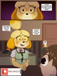 3:4 animal_crossing anthro bodily_fluids breasts canid canine canis clothing comic cum cum_on_clothing cum_stain dialogue domestic_dog english_text female genital_fluids hi_res human ike_marshall intersex_(lore) isabelle_(animal_crossing) male male_human mammal nintendo patreon patreon_logo patreon_username profanity speech_bubble stained_clothing sweat text villager_(animal_crossing) yellow_body