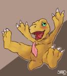 2017 agumon animal_genitalia anus bandai_namco bastriw biped blush digimon digimon_(species) digital_media_(artwork) dinosaur erection feral genital_slit genitals hi_res male nude penis prehistoric_species reptile scalie semi-anthro shy simple_background smile solo teeth theropod tongue yellow_body yellow_skin