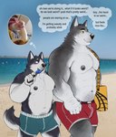 2024 abs absurd_res anthro anthro_on_anthro areola bag banana barazoku beach biceps big_muscles biped bulge canid canine canis clothed clothing cricetid cutaway day detailed_bulge domestic_dog duo eating english_text eyebrows food fruit fur genital_outline hamster hamster_eating_a_banana hand_holding hi_res holding_food holding_object huge_muscles human humor husky innuendo looking_at_another male male/male male_anthro mammal meme muscular muscular_anthro muscular_male nastybearz navel nipples nordic_sled_dog outside pecs penis_outline plant popsicle rodent romantic romantic_couple sand size_difference sky smile spitz swimming_trunks swimwear text thick_arms thick_thighs thought_bubble topless topless_anthro topless_male tuft walking water wolf