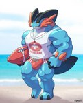 anthro beach blue_body bulge clothed clothing generation_6_pokemon hi_res lifeguard looking_at_viewer male mega_evolution mega_swampert muscular muscular_male nintendo pokemon pokemon_(species) red_clothing red_swimwear seaside shirt solo swimwear tank_top topwear voviat whistle_(object)