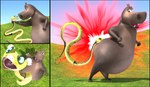 3d_(artwork) absurd_res angry anthro asphyxiation big_butt black_border blender_(artwork) blue_sky border bottom_heavy butt butt_slam butthurt choking comic common_hippopotamus digital_media_(artwork) dreamworks duo female feral forked_tongue gloria_the_hippopotamus grass hi_res hippopotamid kung_fu_panda madagascar_(series) mammal master_viper nude ocsda plant reptile rivalry scalie sky snake tongue viper