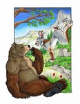 ambiguous_gender anthro bear black_pawpads brown_body brown_eyes brown_fur duo eye_contact foxene fur grey_body grey_fur hi_res lagomorph leporid looking_at_another mammal mountain nude outside pawpads plant rabbit scut_tail short_tail spring_(season) tail tree