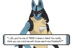 2024 ambiguous_gender anthro bassenji blue_body blue_ears blue_fur chest_spike dialogue english_text fur gameplay_mechanics generation_4_pokemon grin half-length_portrait hi_res lucario nintendo pokemon pokemon_(species) portrait profanity red_eyes smile solo spikes spikes_(anatomy) tan_body tan_fur text