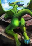 2019 4_toes absurd_res animal_genitalia anthro anus back_spikes blue_markings blue_pawpads brown_eyes butt claws detailed_background digital_media_(artwork) digitigrade dragon erection european_mythology feet genital_slit genitals green_tail head_spikes hi_res hindpaw horn looking_at_viewer male markings membrane_(anatomy) membranous_wings mythological_creature mythological_scalie mythology nude ollie_(overgrown_lizards) outside pawpads paws penis plive presenting presenting_hindquarters pupils scalie slit_pupils smile solo spiked_tail spikes spikes_(anatomy) tail thick_tail toe_claws toes western_dragon wings