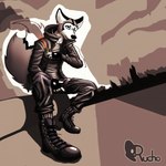 1:1 absurd_res anthro arctic_fox black_ears blue_eyes canid canine cigarette clothing fox fur grey_body grey_fur hi_res jacket leather leather_clothing leather_jacket leather_shoes leather_topwear male mammal rucho simple_background smoking smoking_cigarette solo theo_(rucho) topwear true_fox white_body