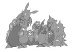 2_fingers 3_fingers 3_toes ambiguous_gender carrying_another croagunk crobat eyes_closed feet feral fingers generation_2_pokemon generation_4_pokemon generation_5_pokemon generation_7_pokemon generation_8_pokemon group looking_up monochrome nintendo on_head pokemon pokemon_(species) rival_ado scolipede simple_background size_difference smile toes tongue tongue_out toxapex toxel trubbish white_background