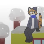 clothed clothing felid footwear gloves handwear looking_away low_res male mammal orange_body pantherine piggy_(roblox) pyonc scarf shoes snow snowing solo tail tiger tigry_(piggy)