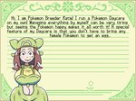 2023 big_breasts breasts brown_hair clothed clothing english_text female green_background hair human katie_(milkbuni) looking_at_viewer mammal milkbuni nintendo pokemon pokemon_breeder simple_background solo text