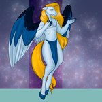 1:1 anthro blonde_hair bottomwear chakona_space clothed clothing equid equine feathered_wings feathers foxenawolf goldfur's_cogsverse hair hooves horse loincloth male mammal sojourner_(goldfur) solo tail topless wings