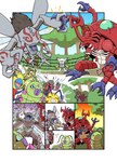 absurd_res anthro bandai_namco blush cheering comic digimon digimon_(species) fanbeemon feral fighting_ring green_body group hi_res horn kunemon male mandibles megakabuterimon narome_and_levy okuwamon oleamon referee wormmon yellow_body