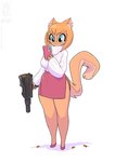 2023 anthro bottomwear breasts bullet_casing cellphone clothing conditional_dnp electronics eyewear felid feline female glasses gun holding_gun holding_object holding_ranged_weapon holding_weapon jollyjack mac-10 mammal phone ranged_weapon skirt solo species_request submachine_gun sweater topwear weapon