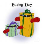 2016 ambiguous_gender blue_eyes box boxing_day boxing_gloves clothing container cybercorn_entropic duo gift handwear holidays humor not_furry pun unknown_species yellow_eyes