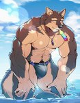 abs anthro brown_body brown_fur bulge canid canine canis clothing domestic_dog food fur hi_res jewelry lifewonders live_a_hero male mammal muscular muscular_anthro muscular_male necklace nipples p2yong partially_submerged pecs popsicle pubraseer solo speedo swimwear water