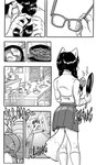 anthro bacon banging_pans bottomwear braided_hair canid canine clothed clothing comic daigaijin dipstick_tail eyewear female food fox fur furniture furryfight_chronicles glasses hair hi_res kalita_(furryfight_chronicles) mammal markings meat monochrome multicolored_tail rear_view skirt solo table tail tail_markings tail_under_skirt