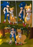 absurd_res anthro ball_size_difference balls blue_body blue_fur blush bodily_fluids canid canine circumcised circumcision_scar clothing comic covering covering_crotch detailed_background dialogue duo english_text erection eulipotyphlan footwear forest fox fur genital_fluids genital_scar genitals gloves green_eyes handwear hedgehog hi_res holding_own_penis holding_penis humanoid humanoid_genitalia humanoid_penis kokobiel male male/male male_peeing mammal miles_prower musk nipples nude open_mouth outside peeing penis plant pubes relieved scar sega sonic_the_hedgehog sonic_the_hedgehog_(series) standing text tongue tree urine urine_stream white_body white_fur