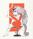 anthro canid canid_demon canine canis chair cigarette convenient_censorship demon edtropolis feet female furniture hair hellhound helluva_boss hi_res long_hair looking_at_viewer loona_(helluva_boss) mammal mythological_canine mythological_creature mythology nude on_chair playboy sitting sitting_on_chair smoking solo tasteful_nudity wolf