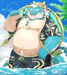 absurd_res anthro beard belly blue_body bottomwear clothing dragon facial_hair hair hi_res horn lifewonders male mature_male mythological_creature mythological_scalie mythology overweight partially_submerged qinglong_(tas) ruoain scalie shorts solo swimwear tokyo_afterschool_summoners water white_hair