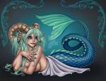 astrological_symbol big_breasts blue_body blue_scales breasts capricorn capricorn_(symbol) capricorn_(zodiac) colored_nails female green_hair hair harpyqueen hi_res horn lying nails non-mammal_breasts personification purple_eyes scales scalie sea_goat side_boob solo symbol watermark western_zodiac western_zodiac_symbol