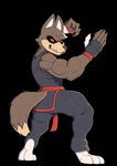 2022 alpha_channel anthro black_sclera brutal_paws_of_fury canid canine canis claws coyote grin hi_res hindpaw kendo_coyote male mammal martial_arts_uniform meatboom muscular muscular_male paws pose red_eyes smile solo sportswear