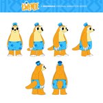 1:1 anthro bottomwear clothing english_text hat headgear headwear hi_res male mammal model_sheet official_art pangolin ryan_vaneyk shorts smile solo text turnaround twende_(series) twende_(twende)