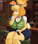 2022 absurd_res animal_crossing anthro bar big_breasts breasts canid canine canis cleavage clothed clothing detailed_background digital_media_(artwork) domestic_dog eyebrows female fingers gammainks hair hi_res holding_object huge_breasts inside isabelle_(animal_crossing) mammal nintendo shih_tzu sitting solo toy_dog