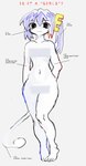 8eyes accessory biological_illustration blue_hair censored censored_genitalia feet female full-length_portrait girl_(8eyes) hair hair_accessory humanoid label nude ponytail portrait side_ponytail simple_background smile solo tail tailed_humanoid technical_illustration white_background white_body white_skin yogurt200