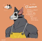 american_opossum anthro bebebebebe biped bone clothing dialogue english_text fur grey_body grey_fur japanese_text male mammal marsupial mr_o_(bebebebebe) orange_background simple_background skull skull_head solo speech_bubble text