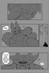 anthro biped blush bodily_fluids comic dialogue duo english_text fur generation_4_pokemon generation_9_pokemon hi_res hug lucario male meowscarada monochrome nintendo pokemon pokemon_(species) samu_(sincastermon) sincastermon sweat text thought_bubble vine_(sincastermon)