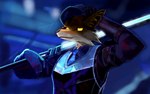 16:10 ambiguous_gender anthro blade blue_clothing blue_necktie blurred_background canid canine clothing crossover delp epic_games fennix_(fortnite) fortnite fox glowing glowing_blade glowing_eyes hand_behind_head hat headgear headwear hi_res limbus_company male_(lore) mammal melee_weapon necktie project_moon protective_gear red_fox solo sword true_fox uniform warp_corporation weapon widescreen yellow_eyes